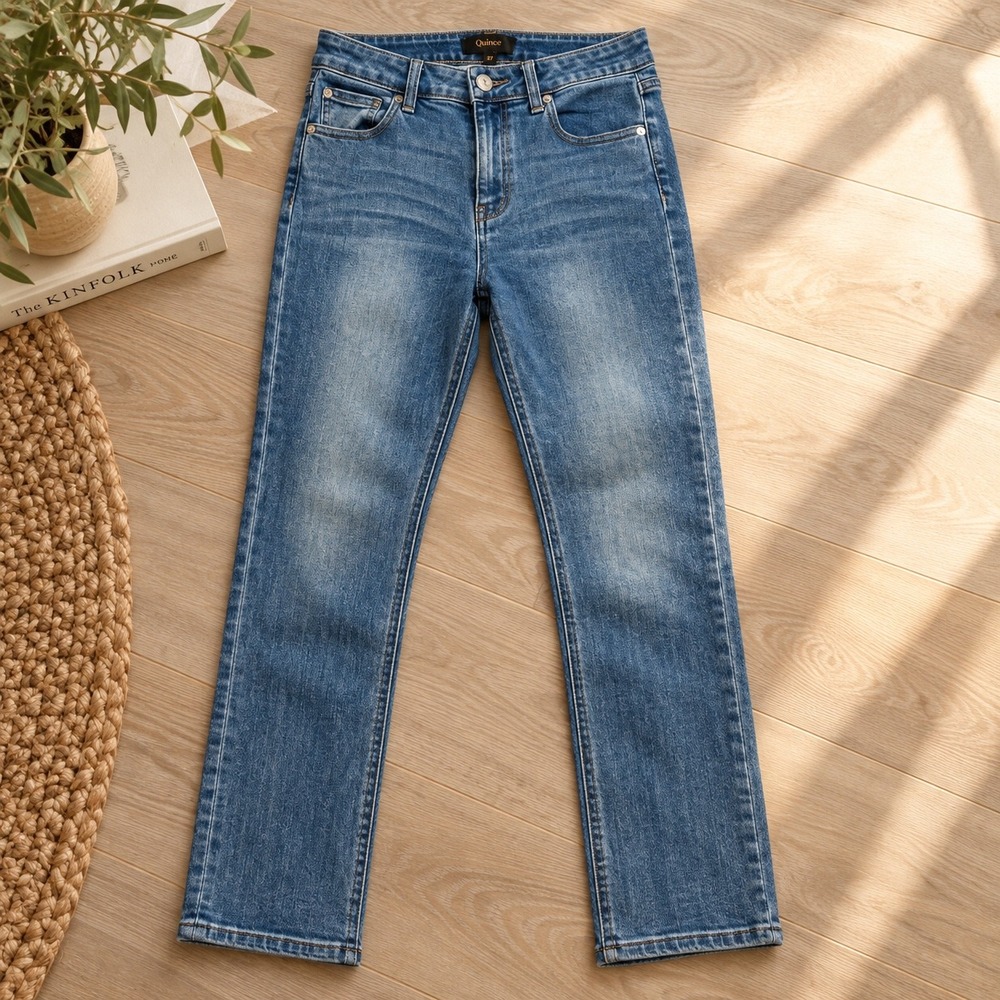 Quince Women's Stretch Mid Rise Slim Straight Ankle Jeans 27 Medium Wash Denim